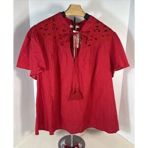 Knox Rose Red Eyelet Boho Tassel Blouse Size Large Flutter Short Sleeve